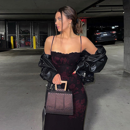 Burgundy Floral Patterned Long Dress