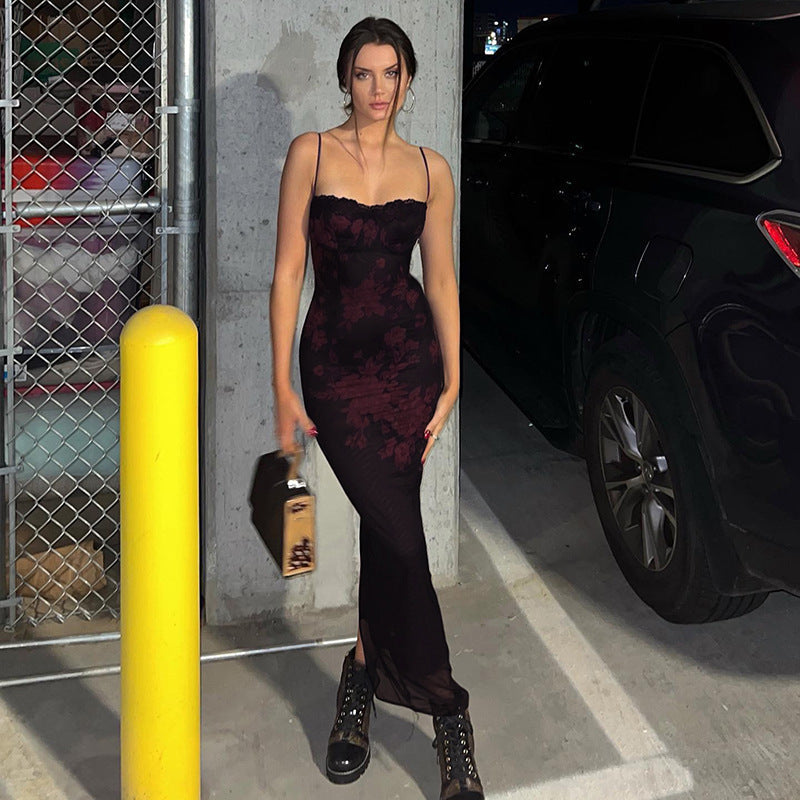 Burgundy Floral Patterned Long Dress