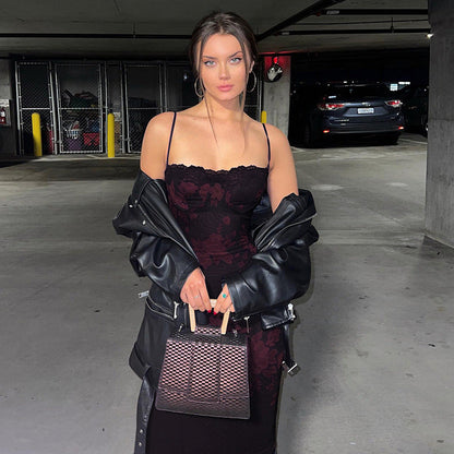 Burgundy Floral Patterned Long Dress