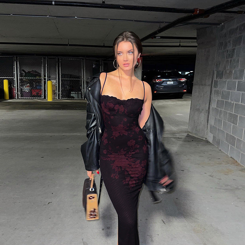 Burgundy Floral Patterned Long Dress